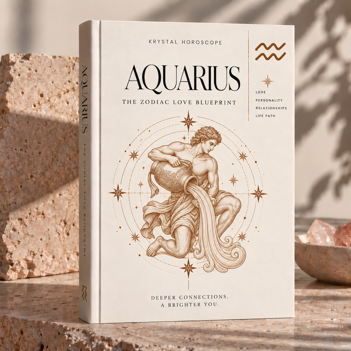 The Zodiac Love Blueprint – Aquarius | ivory book cover with illustrated water bearer