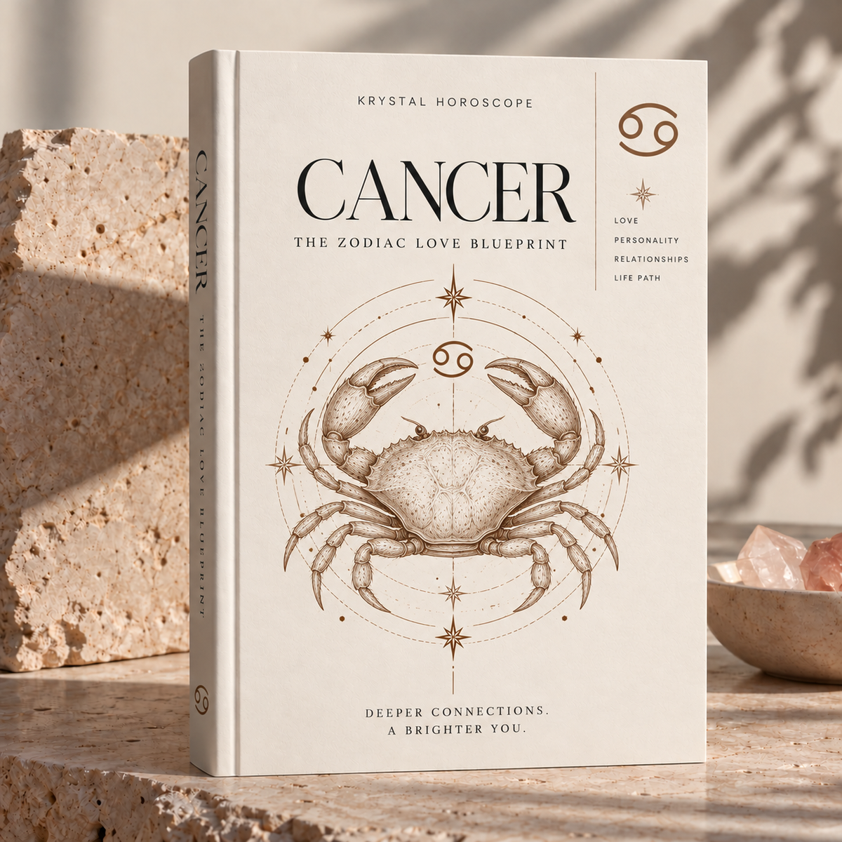 Cancer – The Zodiac Love Blueprint, cream book cover with engraved crab illustration