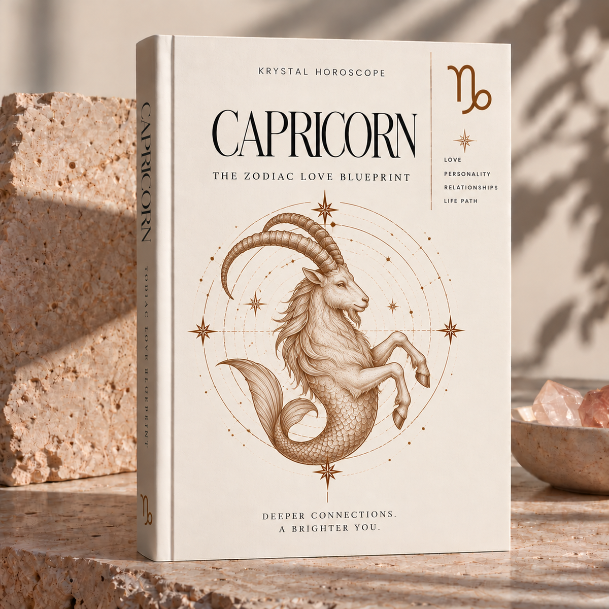 Capricorn – The Zodiac Love Blueprint, cremefarbenes Buchcover mit filigraner Seeziegen-Zeichnung