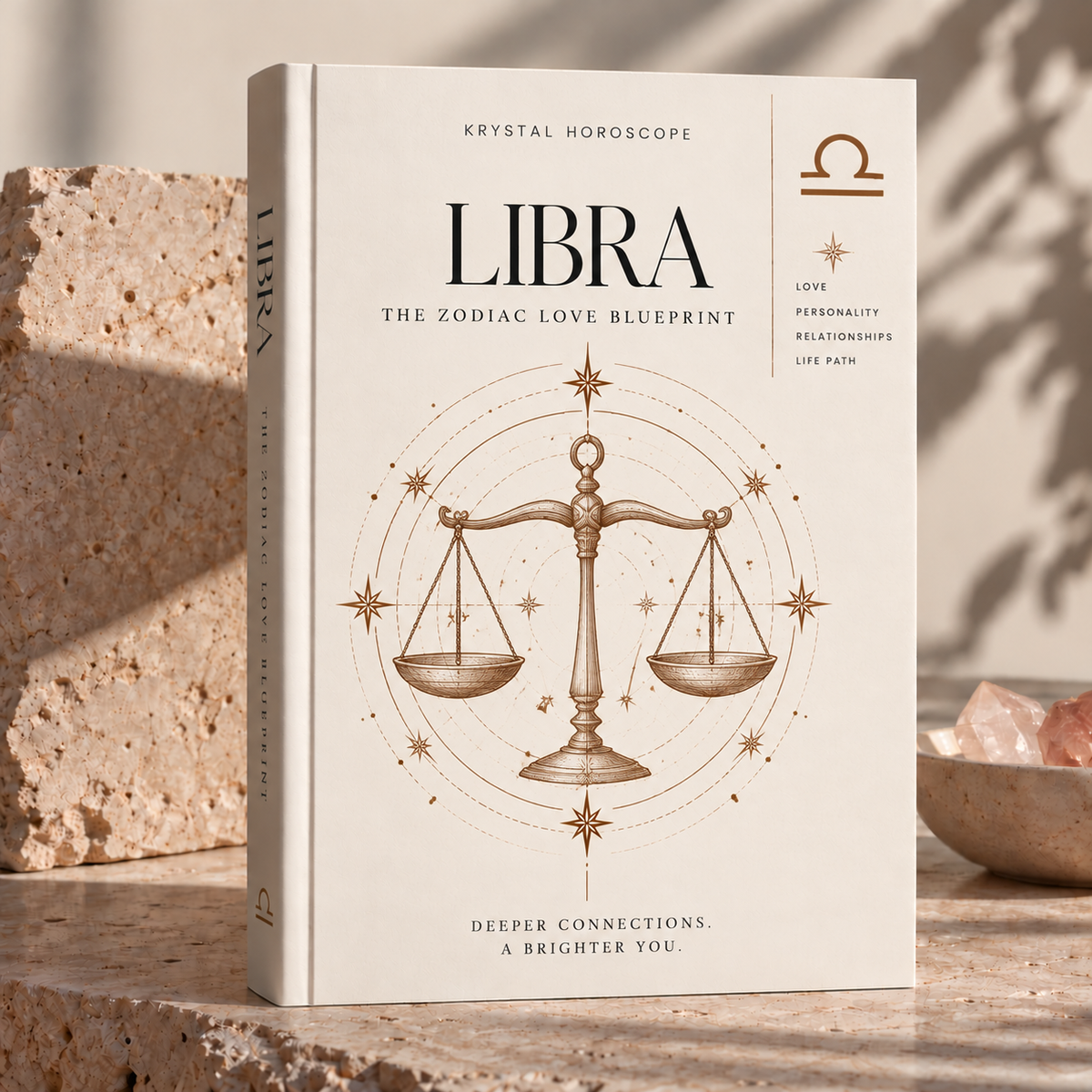 Libra – The Zodiac Love Blueprint, cream book cover with fine sepia balance scales illustration