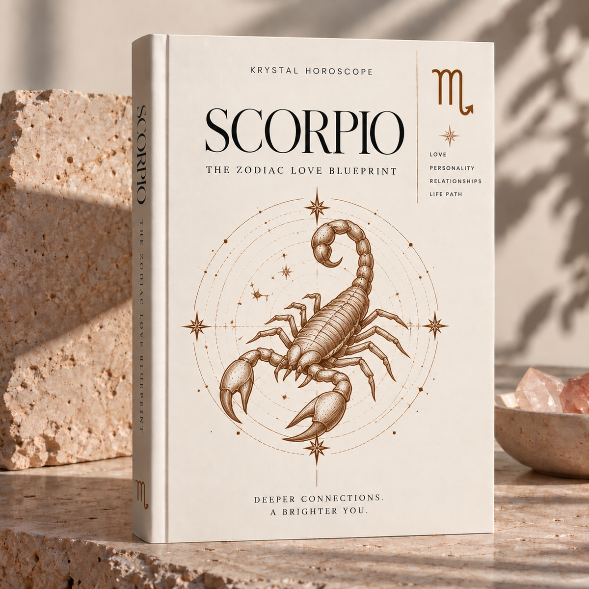 Scorpio – The Zodiac Love Blueprint, minimalist cream book cover with fine sepia scorpion engraving