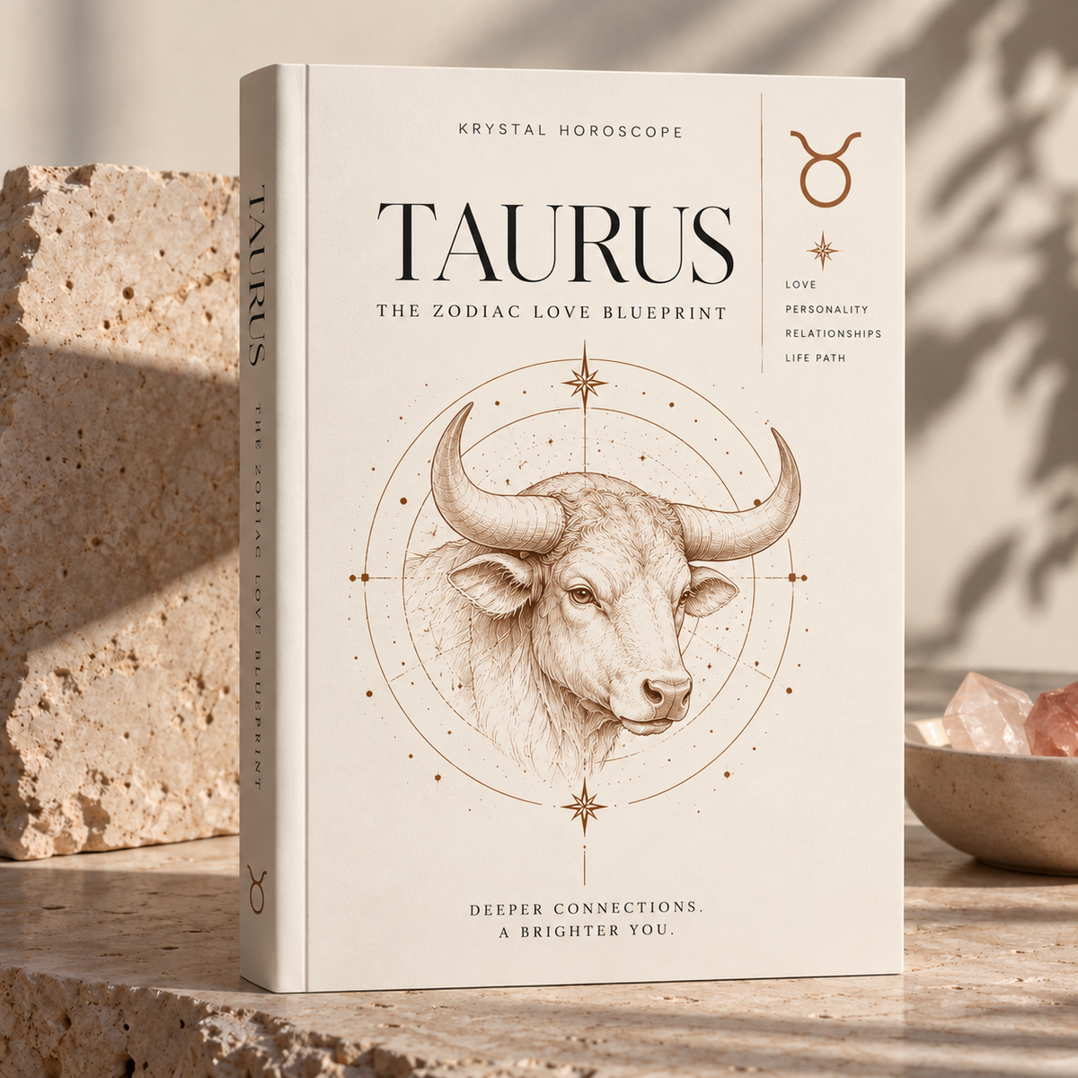 The Zodiac Love Blueprint – Taurus, minimalist ivory book cover with fine-line bull illustration